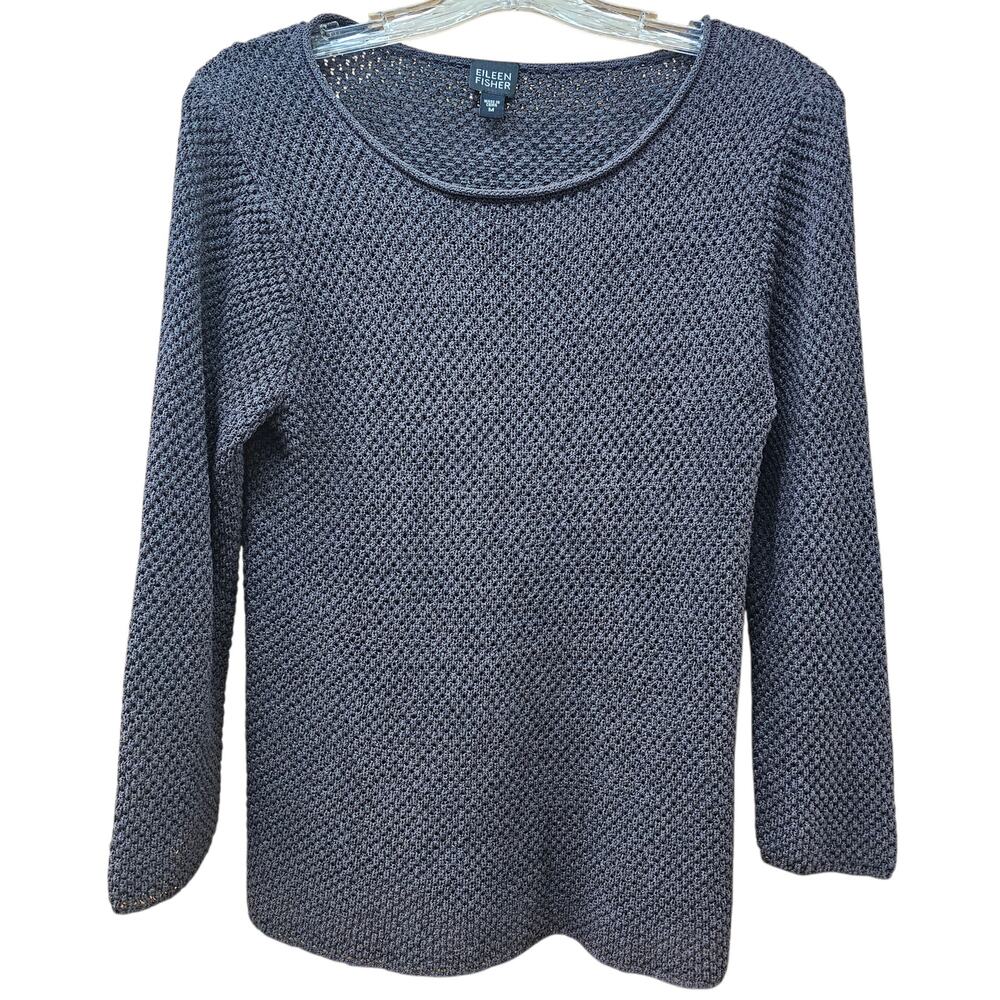 Eileen Fisher Open Knit Silk Blend Long Sleeve Sweater Grayish-Brown Size M